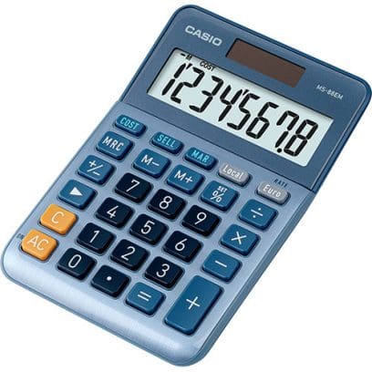 Vista frontal de la calculadora de mesa 88EM de CASIO en versión Mini Desk con carcasa en azul metalizado, pantalla grande y teclas numéricas.