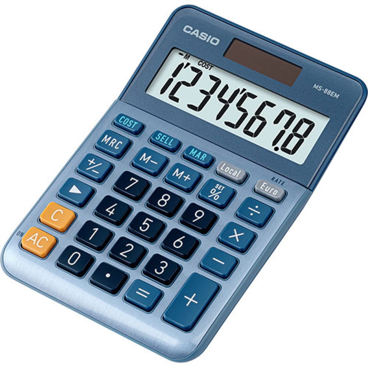 Vista frontal de la calculadora de mesa 88EM de CASIO en versión Mini Desk con carcasa en azul metalizado, pantalla grande y teclas numéricas.