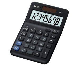 Vista frontal de la calculadora de mesa MS-8F de CASIO en versión mini de escritorio con carcasa negra, pantalla grande y teclas numéricas.