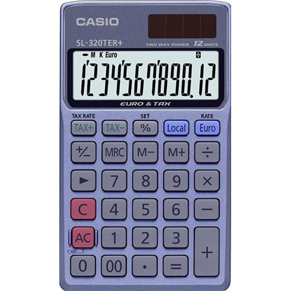 Vista frontal de la sencilla calculadora SL-320TER+ de CASIO con carcasa violeta metalizada, pantalla grande y teclas numéricas.