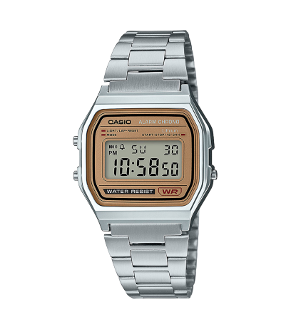Reloj digital plateado A158WEA-9 con pantalla rectangular y marco dorado 
