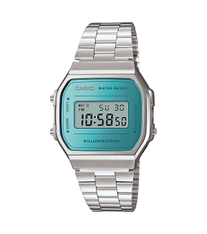 Vista frontal del reloj A168WEM-2 en plata con pulsera de metal y borde turquesa