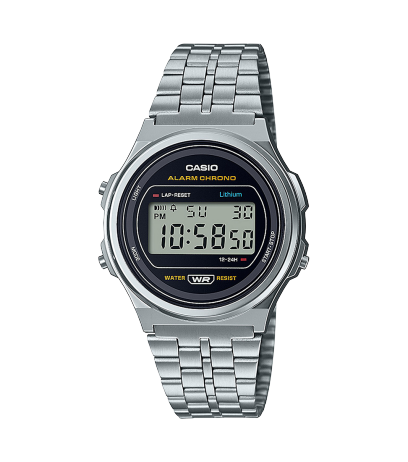 Vista frontal del reloj redondo A171WE-1A en color plateado con brazalete de acero inoxidable y pantalla digital negra
