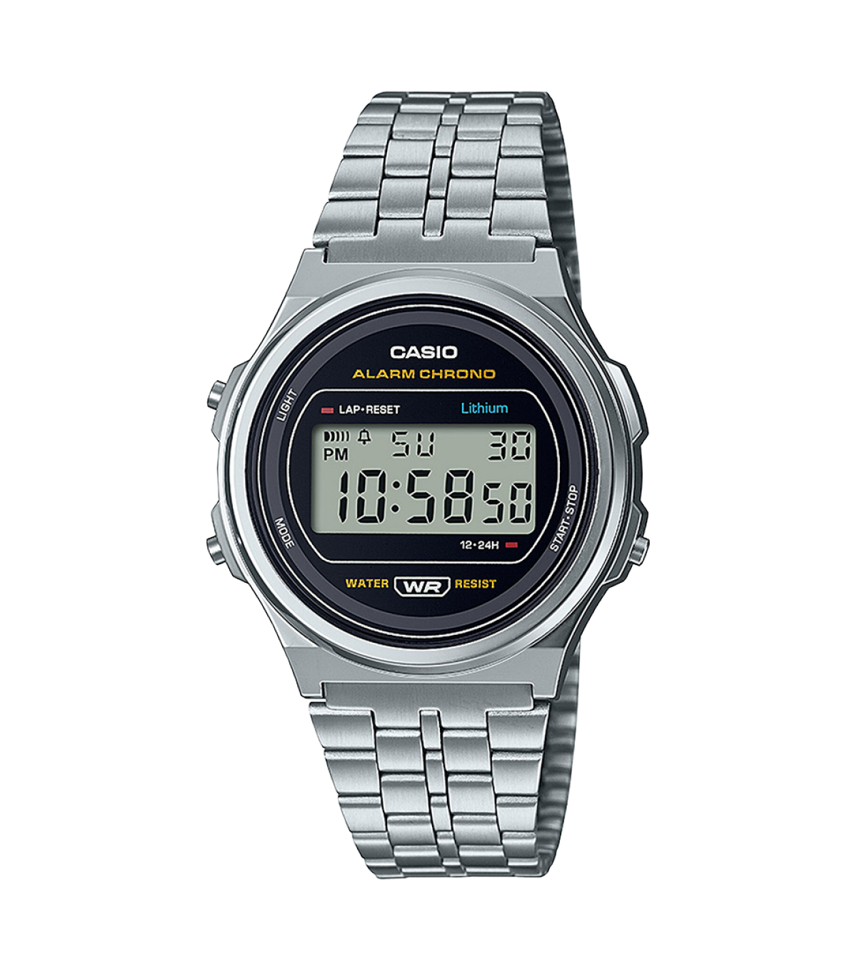 Vista frontal del reloj redondo A171WE-1A en color plateado con brazalete de acero inoxidable y pantalla digital negra