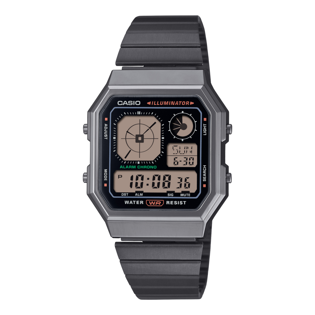 Vista frontal del A130WEGG-1AEF. La pulsera gris oscuro destaca de la caja, ligeramente más clara.