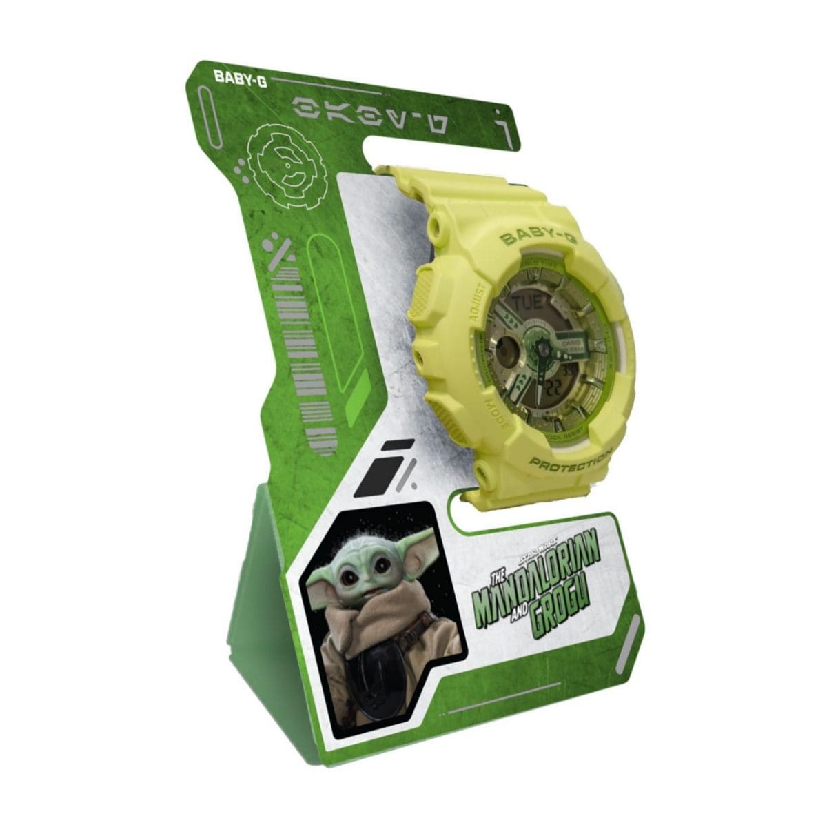Soporte de exhibición verde que muestra a Grogu con el reloj de pulsera BABY-G BA-110YK-3A-MAN acoplado.