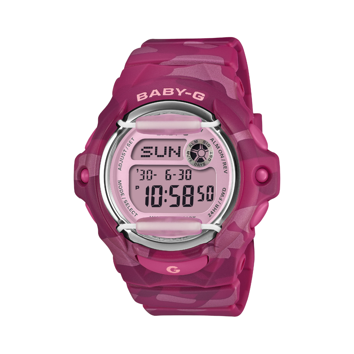 Reloj de pulsera rosa BABY-G BG-169CM-4ER con diseño de camuflaje.