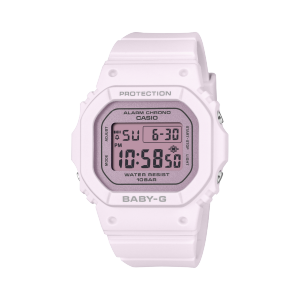 Vista frontal del reloj de pulsera rosa BABY-G BGD-565SC-4BER con pantalla digital.