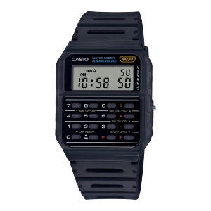 Imagen de producto del reloj de pulsera negro y rectangular CA-53W-1 con botones numéricos debajo de la pantalla digital y función de calculadora.