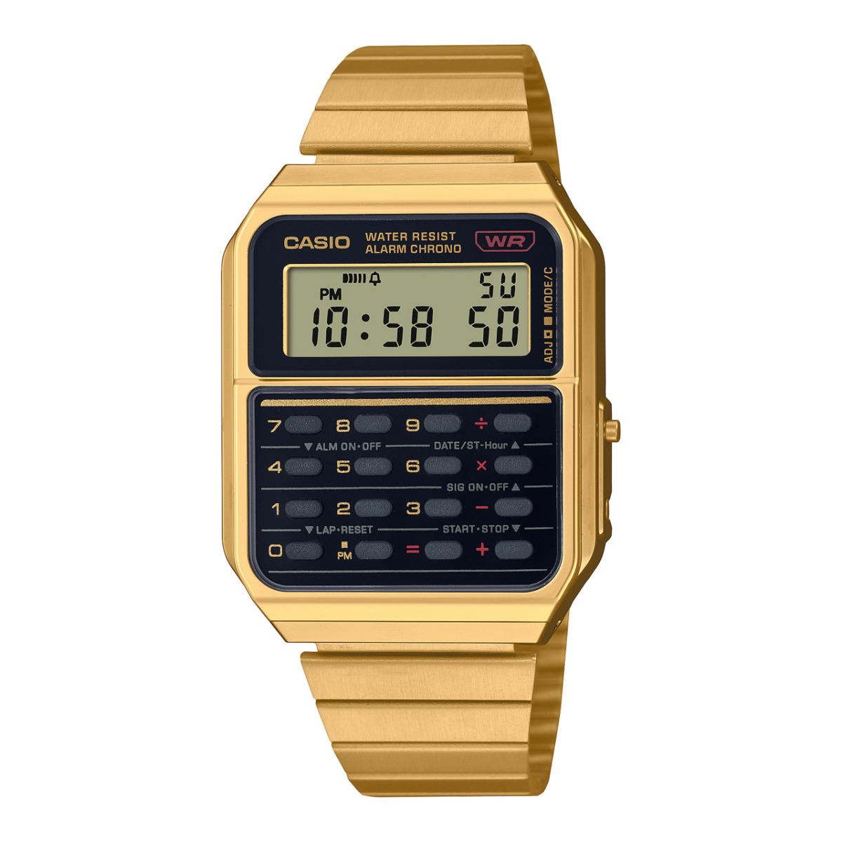 El reloj de pulsera dorado CASIO CA-500WEG-1A en diseño de gadget