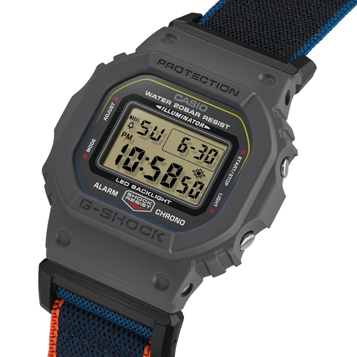 La correa textil del reloj digital G-SHOCK DW-5600MNC-8A2ER está unida a la caja de resina gris.
