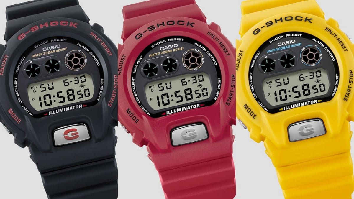 Los tres modelos de aniversario de la serie DW-6900TR uno al lado del otro en negro, rojo y amarillo.