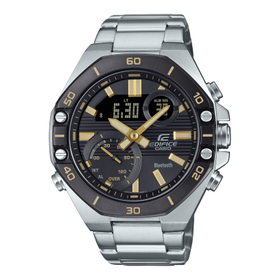 El EDIFICE Cronógrafo ECB-10DB-1A9 con brazalete de acero inoxidable plateado y esfera negra con detalles dorados