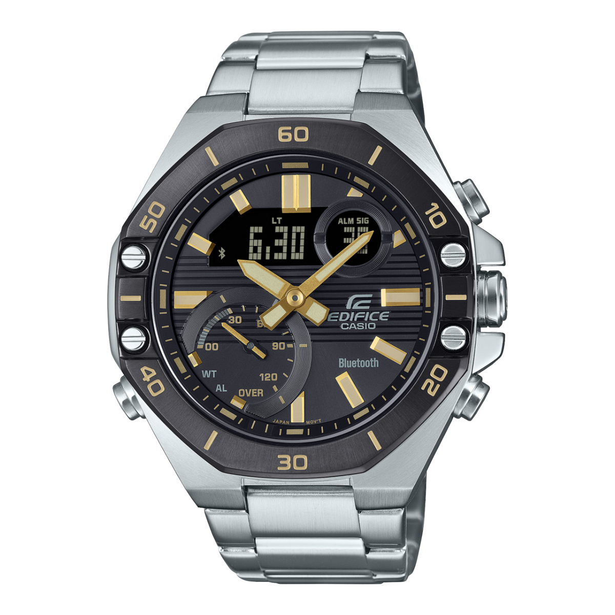 El EDIFICE Cronógrafo ECB-10DB-1A9 con brazalete de acero inoxidable plateado y esfera negra con detalles dorados