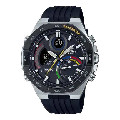 Cronógrafo CASIO ECB-950MP-1A de la colección EDIFICE con esfera negra con toques de color, caja de acero inoxidable plateada y correa de plástico negra.