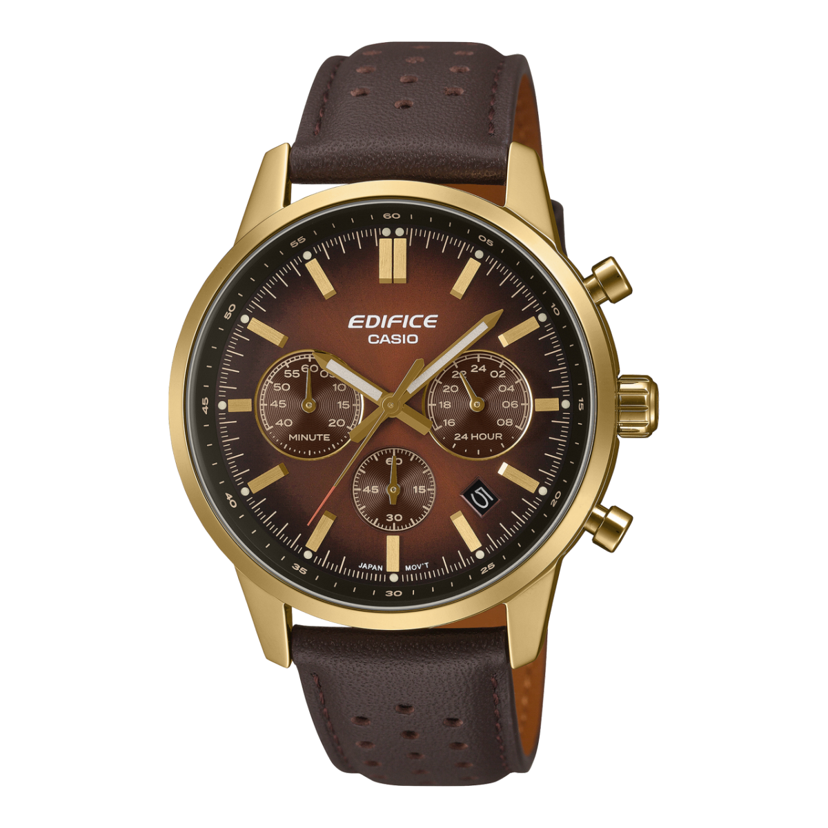 Vista frontal del reloj de pulsera EDIFICE EFR-575CL-5AEF con correa de piel marrón, caja dorada y un degradado marrón en la esfera desde el centro hacia afuera.
