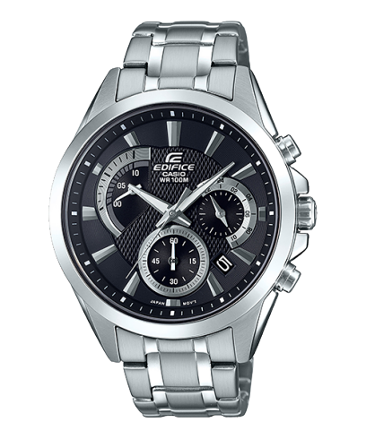 Detalle del cronógrafo EDIFICE «EFV-580D-1AV» con correa plateada y pantalla analógica negra.