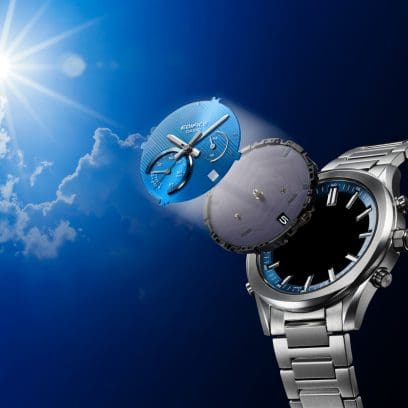 Ilustración de la conversión de la luz solar en energía solar para su uso con el reloj de pulsera analógico EDIFICE EQB-1300D-2AEF.