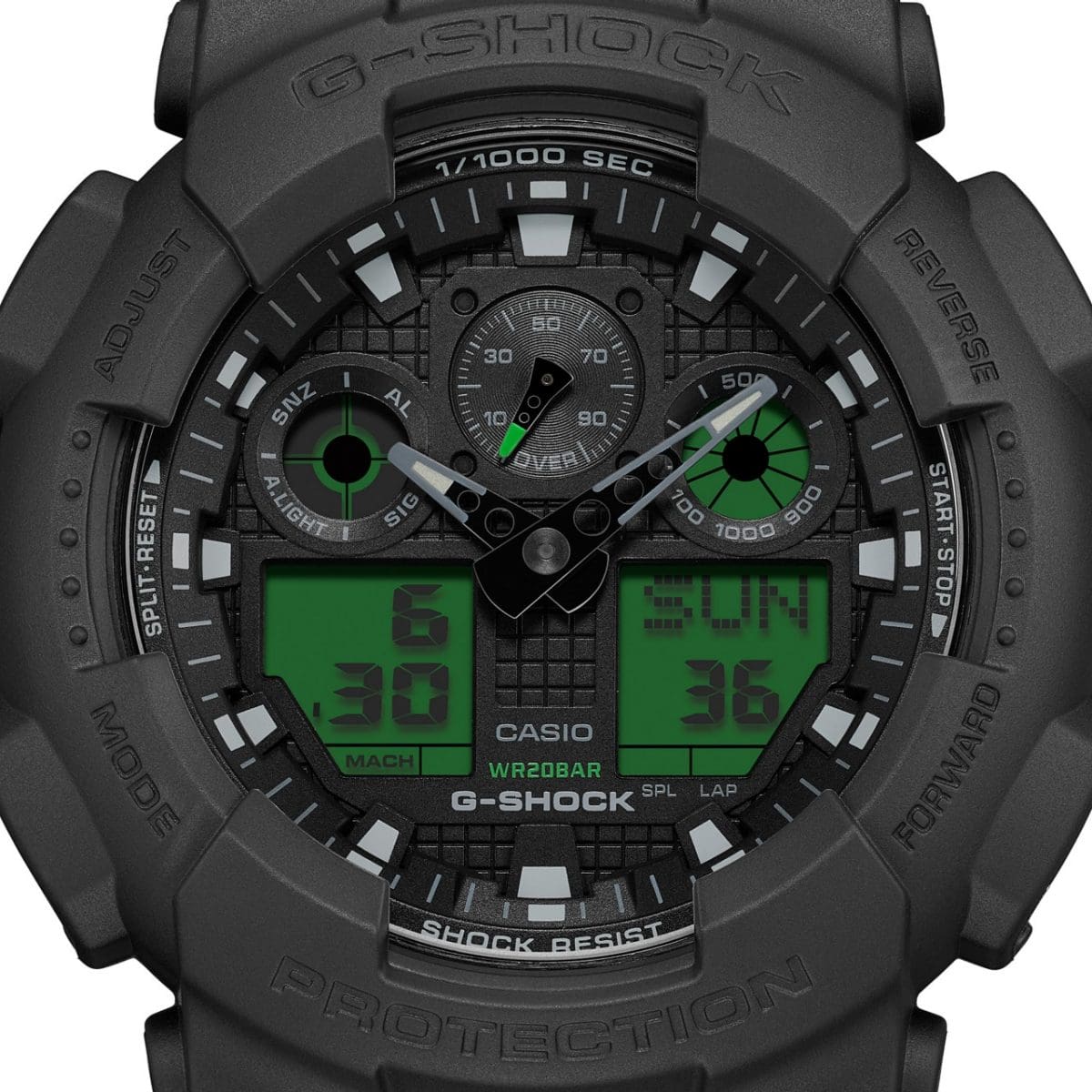 Primer plano de la esfera analógica-digital del reloj de pulsera G-SHOCK GA-100BEG-1AER con elementos verdes.