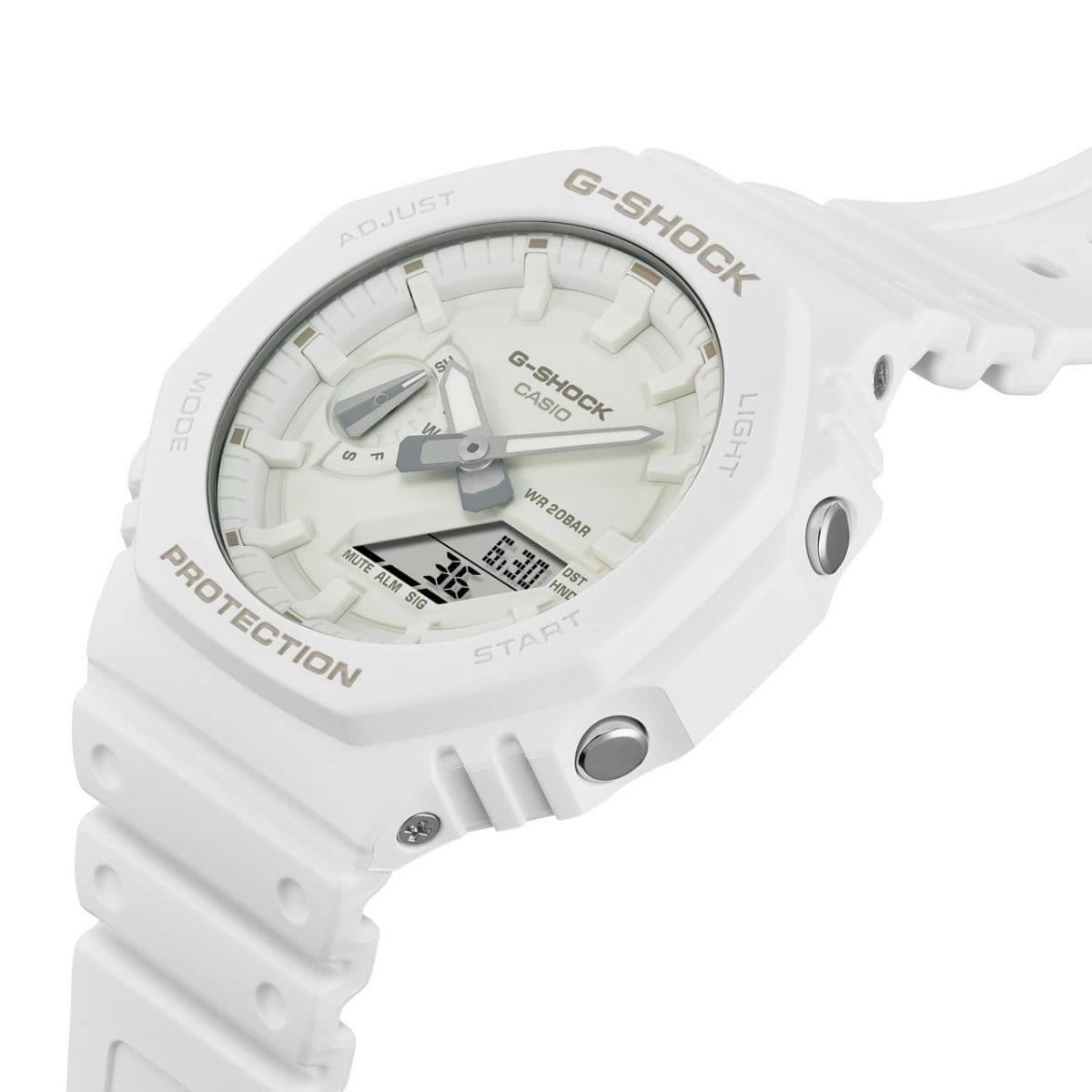 Vista lateral del reloj de pulsera GA-2100-7A7 de color blanco con sus botones de ajuste laterales