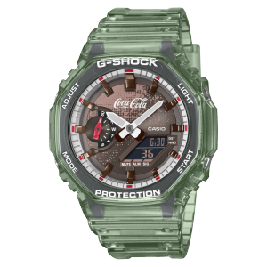 Vista frontal del G-SHOCK GA-2100CC-3AER, de color verde transparente, creado en colaboración con Coca-Cola®