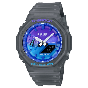 G-SHOCK GA-2100FLS-8A2 Reloj analógico con correa gris translúcida y bisel azul-violeta