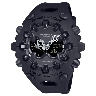 Vista frontal del GA-V01-1A negro con manecillas plateadas