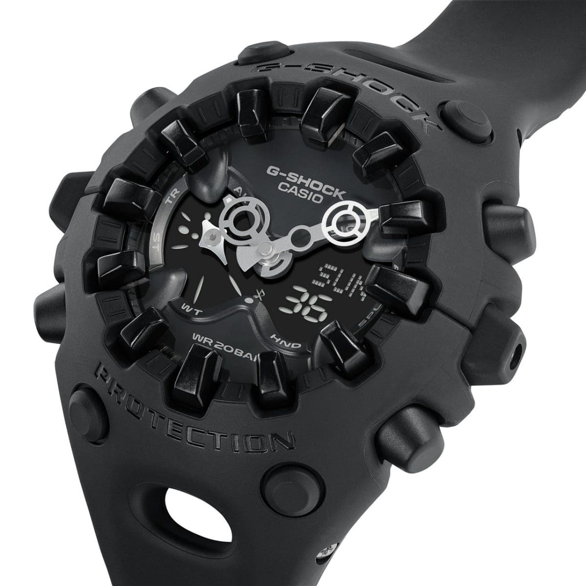 Vista lateral del GA-V01-1A. Las palabras G-SHOCK y PROTECTION están resaltadas en negro en la caja.