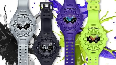 Las cuatro variantes de color: plateado, negro, morado y amarillo neón del GA-V01, una al lado de la otra, sobre un fondo de manchas de los mismos colores.