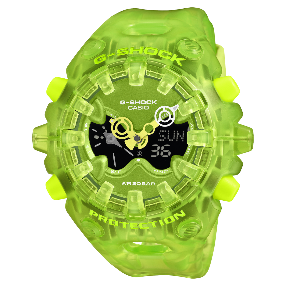 Vista frontal del reloj de pulsera G-SHOCK GA-V01SKE-3AER de color verde claro y semitransparente con esfera analógica-digital.