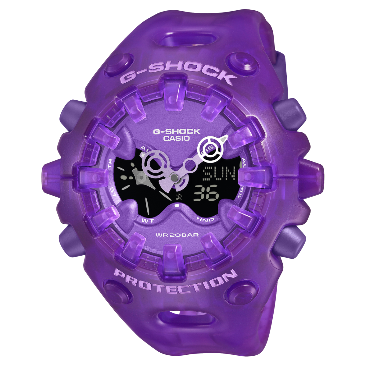 Vista frontal del reloj de pulsera G-SHOCK GA-V01SKE-6AER ​​morado semitransparente con esfera analógica-digital.