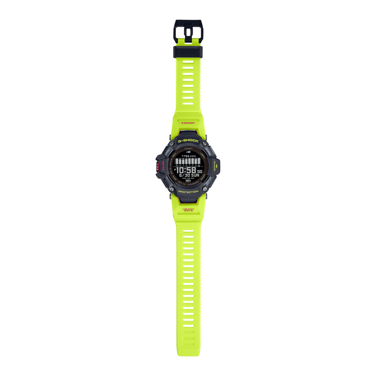 Vista completa del reloj multideporte G-SQUAD GBD-H2000-1A9 con correa de resina amarillo neón y caja de plástico negra