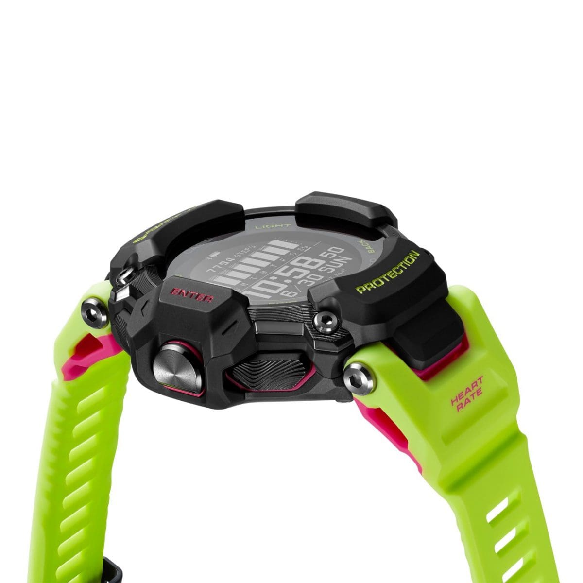 Vista completa del reloj multideporte G-SQUAD GBD-H2000-1A9 con correa de resina amarillo neón y caja de plástico negra