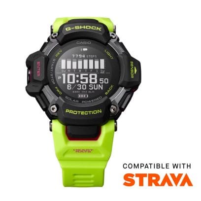 Junto a la imagen del G-SQUAD GBD-H2000-1A9 aparece la nota: «Compatible con STRAVA»