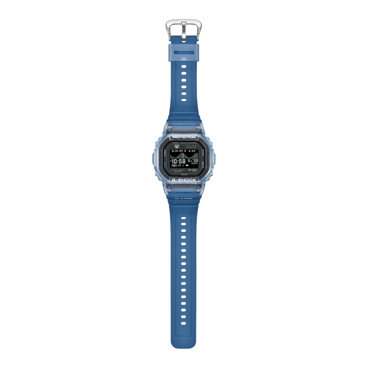 Vista general del reloj de pulsera G-SHOCK GBX-H5600-2ER con correa azul, caja transparente y cierre metálico plateado