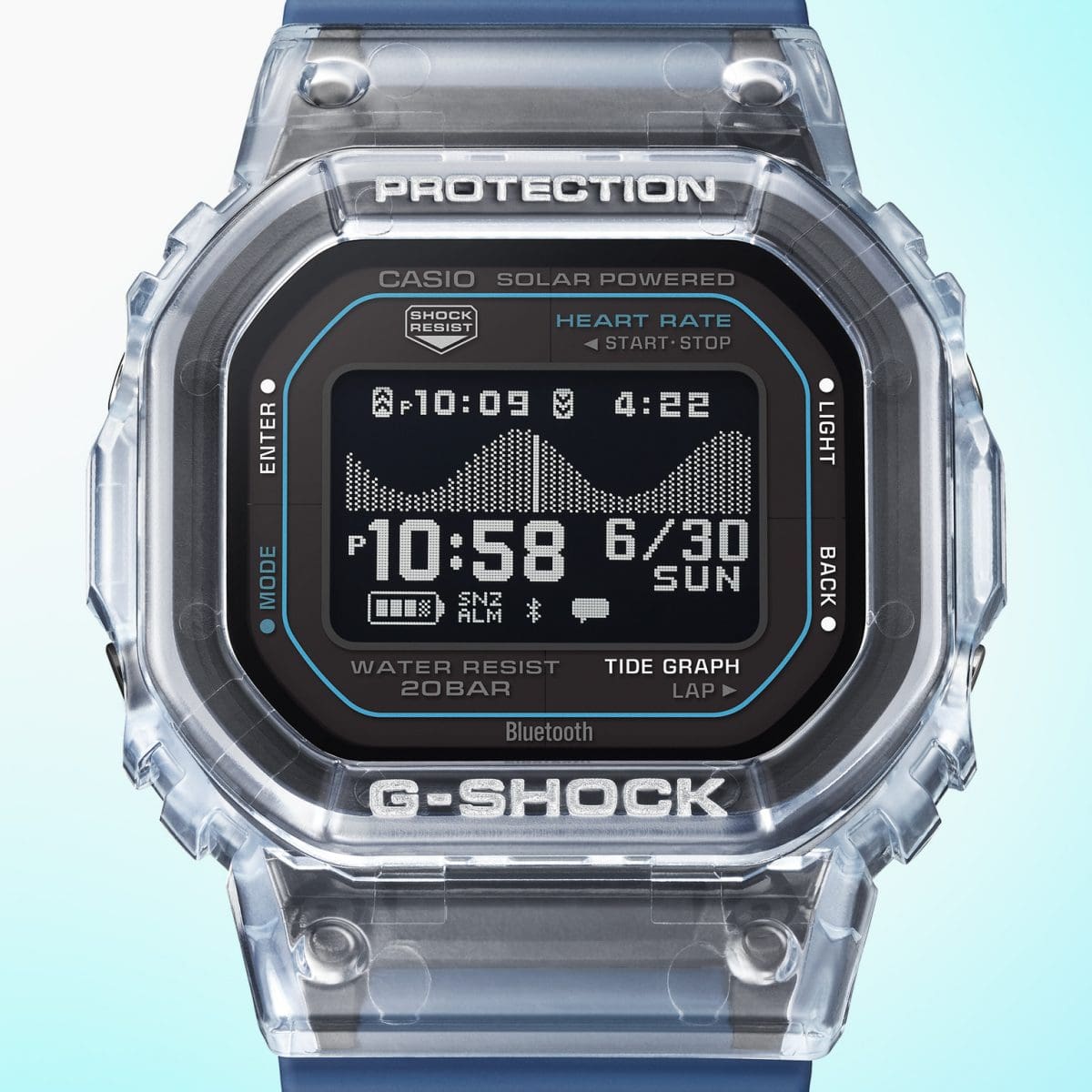 Primer plano de la esfera digital del reloj de pulsera G-SHOCK GBX-H5600-2ER con indicador de mareas