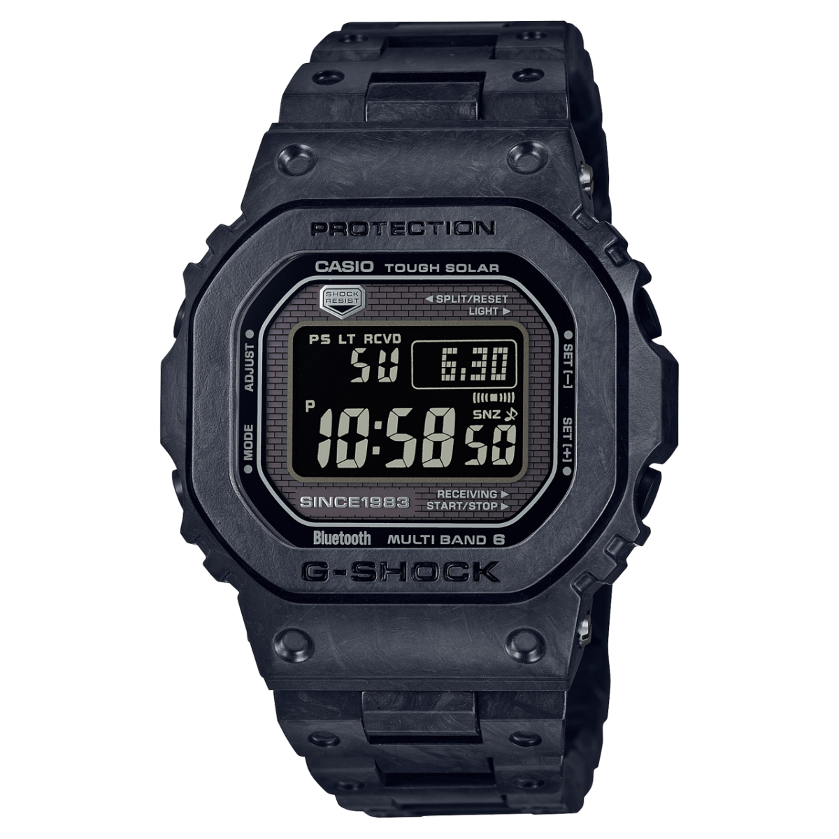 El reloj digital GCW-B5000UN-1 de G-SHOCK con bisel cuadrado negro y brazalete de carbono negro