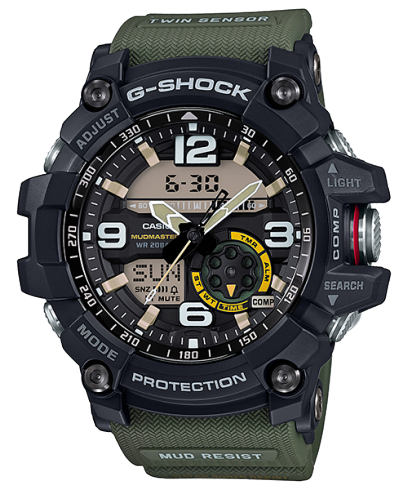 Vista frontal del reloj de pulsera G-SHOCK Mudmaster GG-1000-1A3ER con caja negra y correa verde.