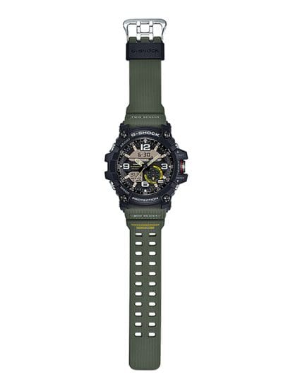 Vista general del reloj de pulsera GG-1000-1A3ER con doble fila de agujeros en la correa verde oliva.
