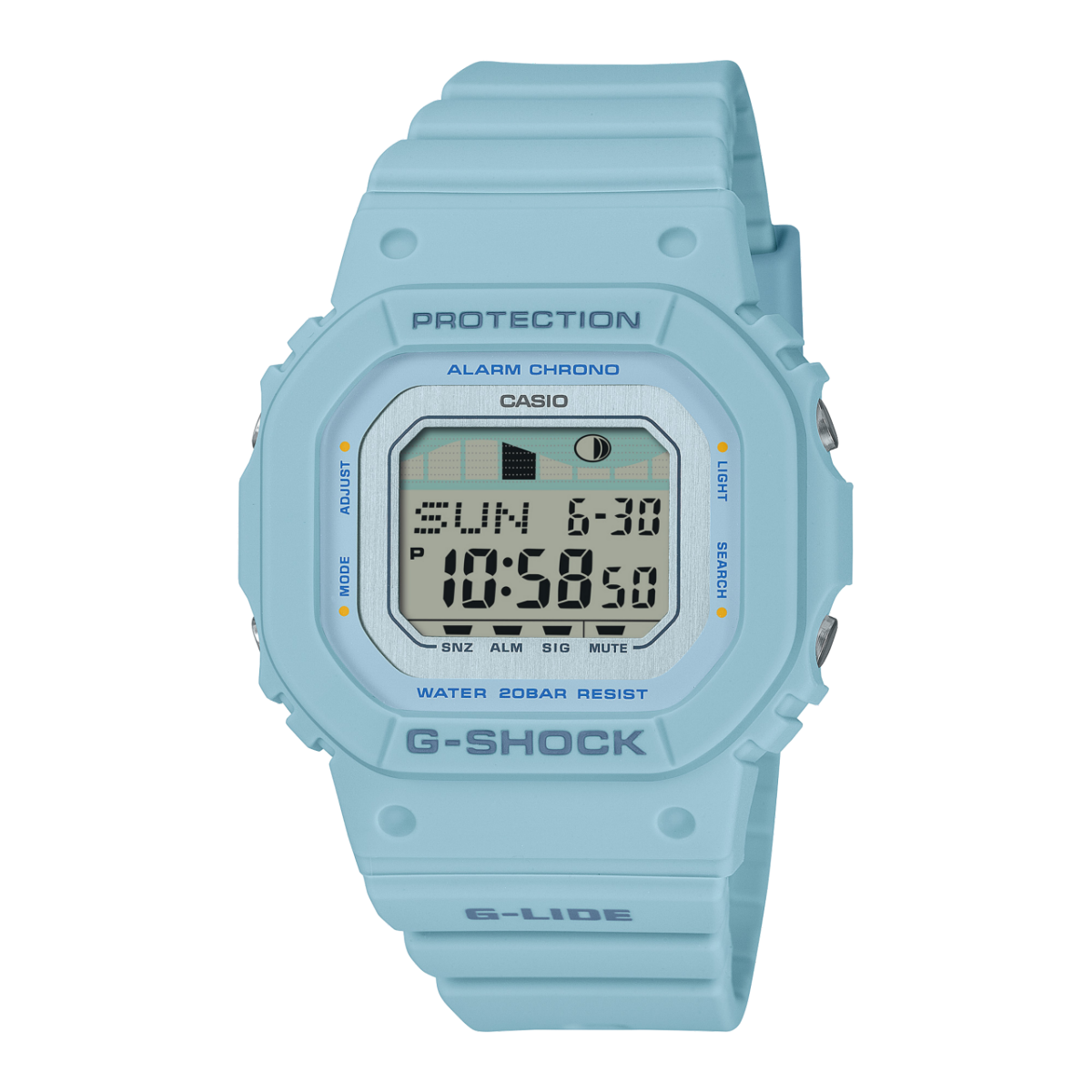 Reloj digital G-SHOCK GLX-S5600-2 en azul claro con hora, fecha y gráficos de mareas en la pantalla.