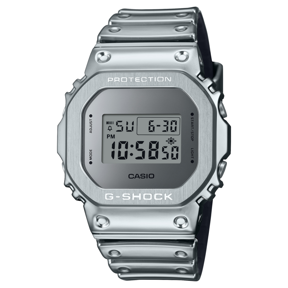 Reloj de pulsera G-SHOCK GM-5600YM-8A8 con correa de silicona plateada y pantalla digital rectangular plateada