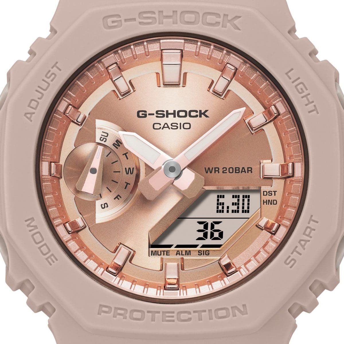 Primer plano del dial del GMA-S2100MD-4A con manecillas analógicas y una pantalla digital adicional 