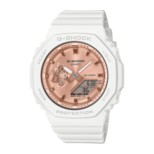 El reloj de pulsera G-SHOCK GMA-S2100MD-7A blanco con esfera analógica de oro rosa