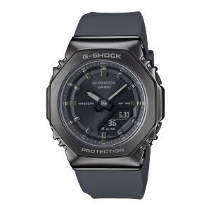Reloj de pulsera G-SHOCK GM-S2110B-8A con bisel metálico negro y pantalla analógica y correa negra de resina biológica