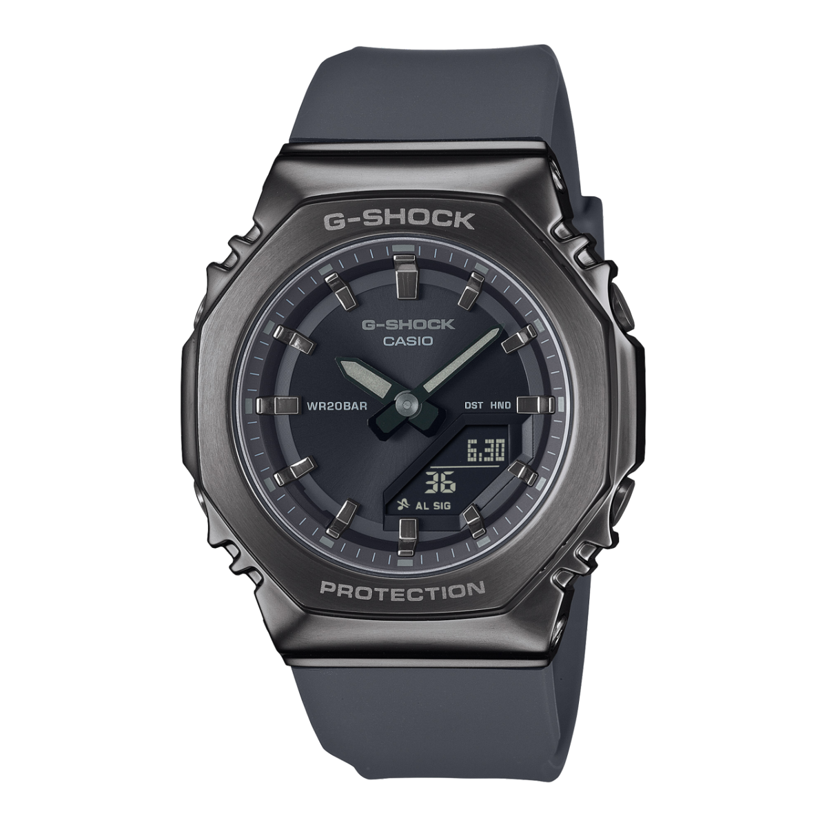 Reloj de pulsera G-SHOCK GM-S2110B-8A con bisel metálico negro y pantalla analógica y correa negra de resina biológica