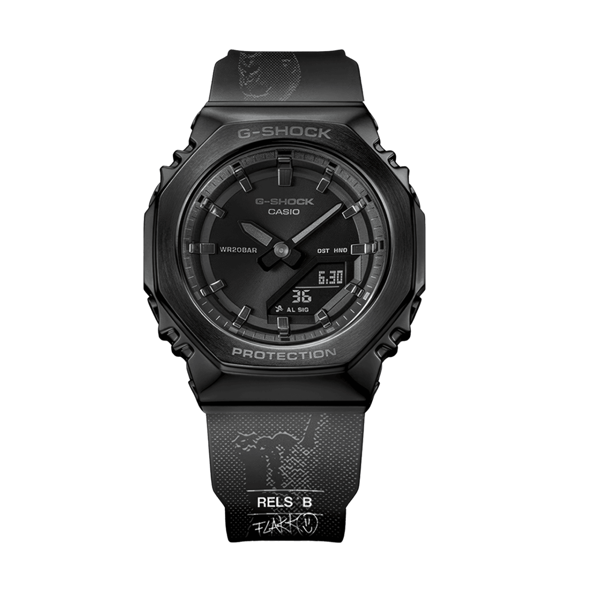 Vista frontal del reloj de pulsera G-SHOCK negro GM-S2110B-8ARLSB en colaboración con Rels B
