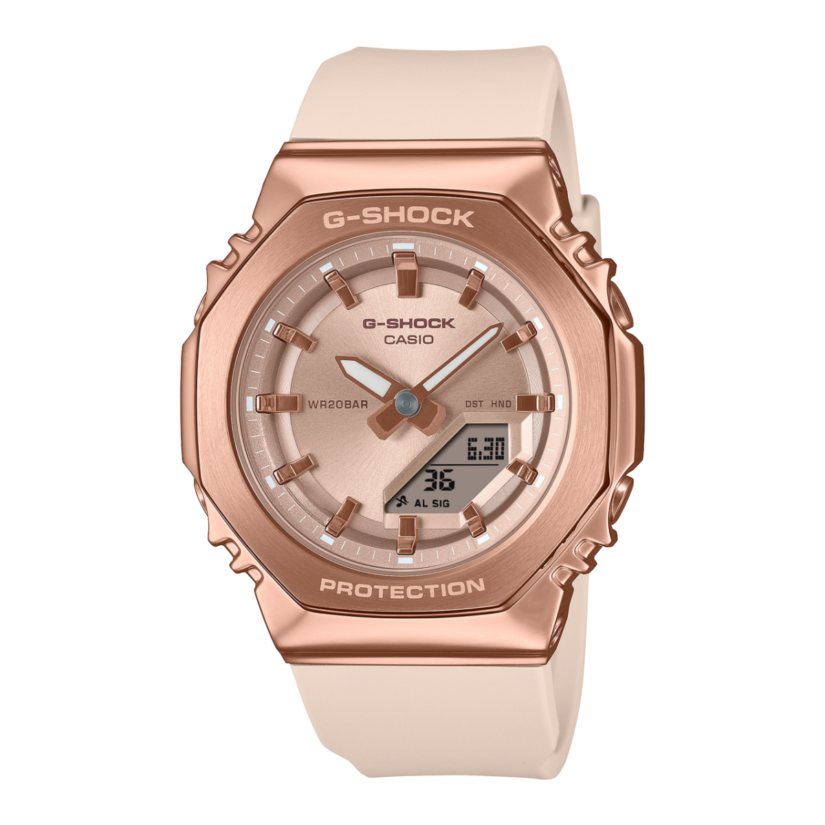Reloj de pulsera G-SHOCK GM-S2110PG-4A con bisel metálico de color rosa y pantalla analógica y correa de resina de base biológica de color rosa-beige