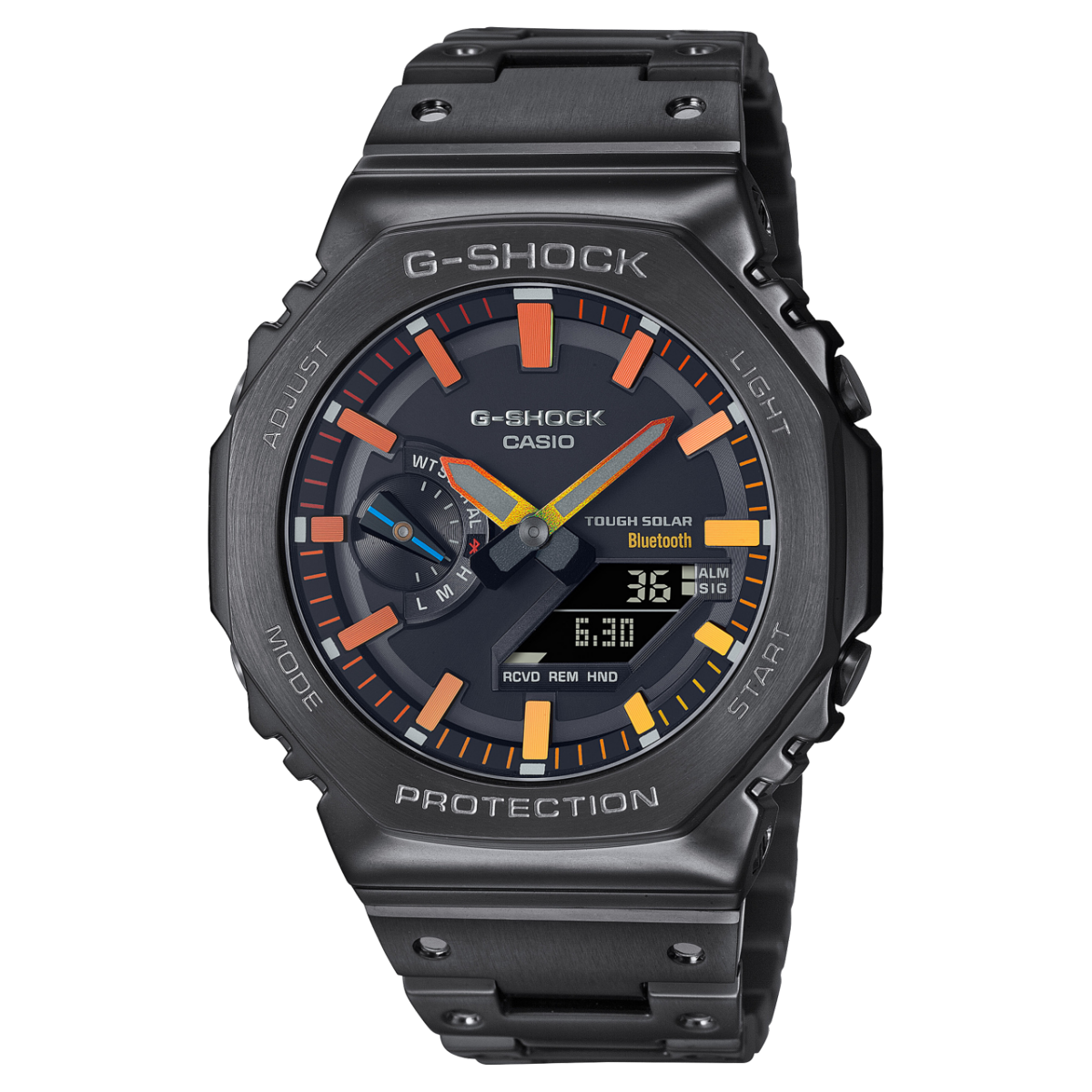 El reloj de pulsera híbrido CASIO GM-B2100BPC-1A con caja y brazalete de acero inoxidable negro con detalles en los colores del arco iris