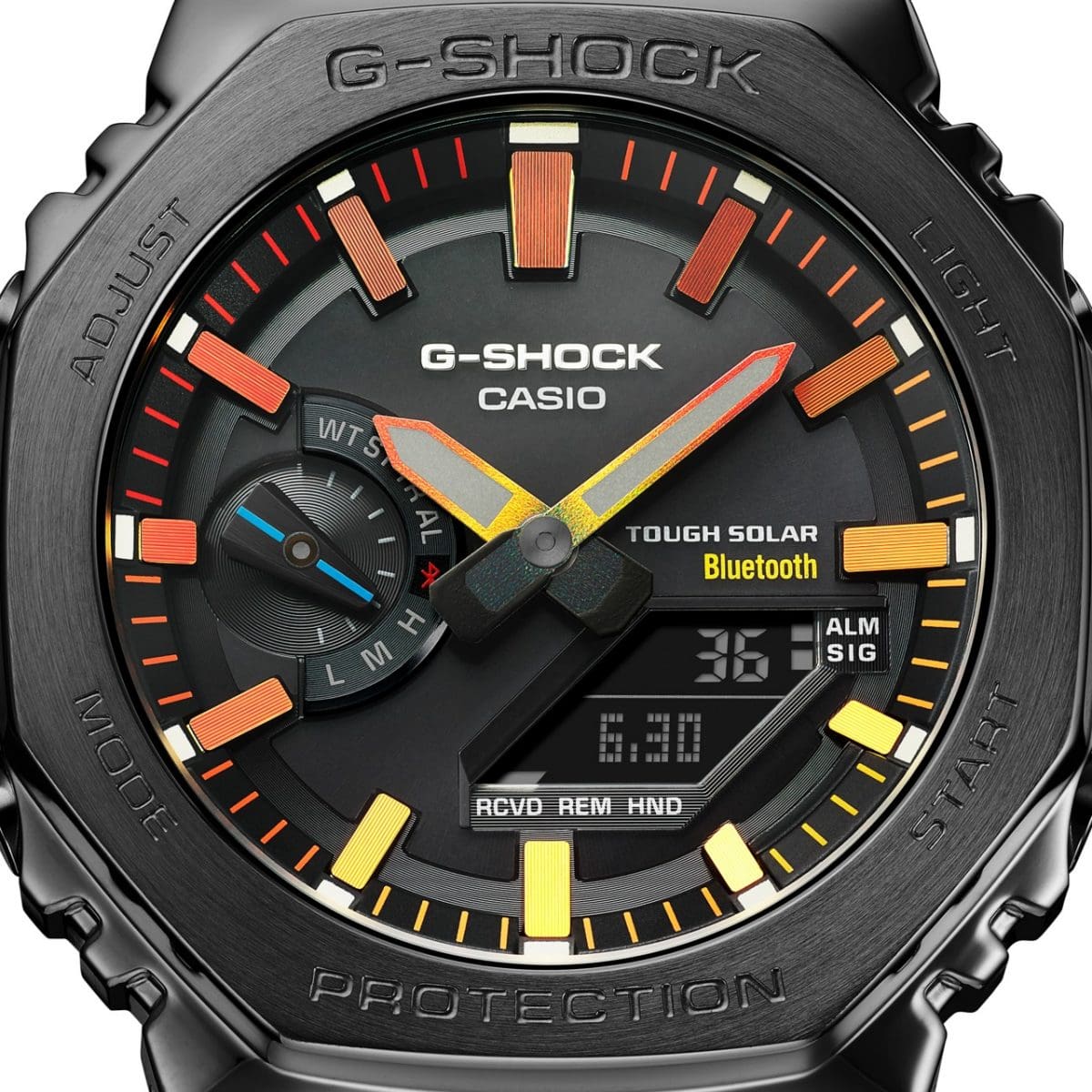 Detalle de la pantalla negra del reloj de pulsera GM-B2100BPC-1A con detalles en los colores del arco iris