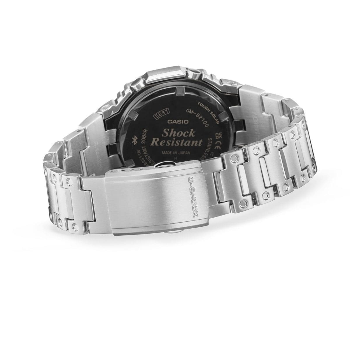 El reloj de caballero GM-B2100PC-1A con brazalete cerrado con una vista de la parte trasera del reloj y el cierre de un solo toque